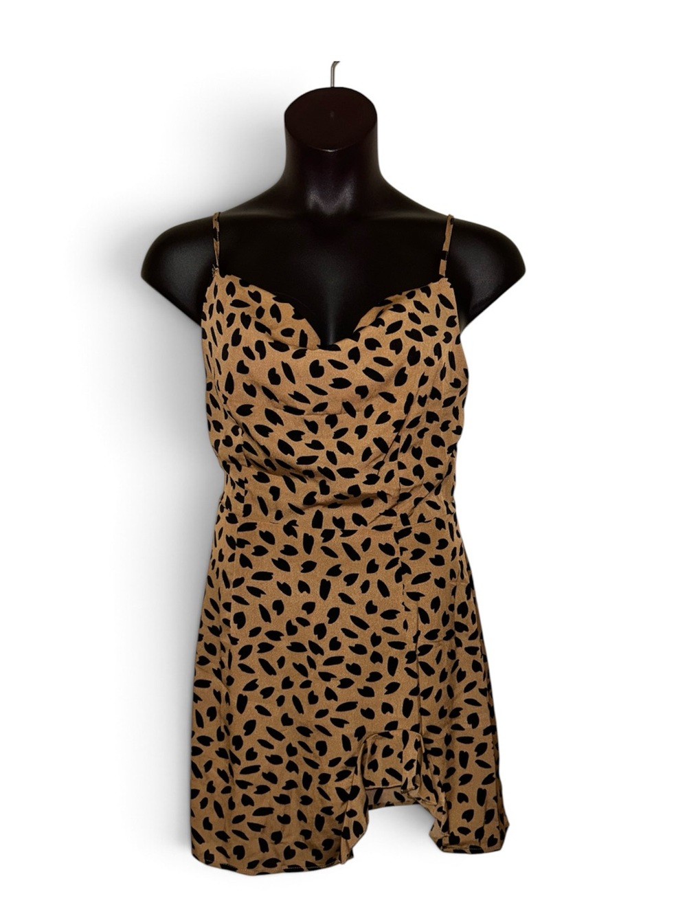 Camel Leaf-Print Slip Dress with Black Accents